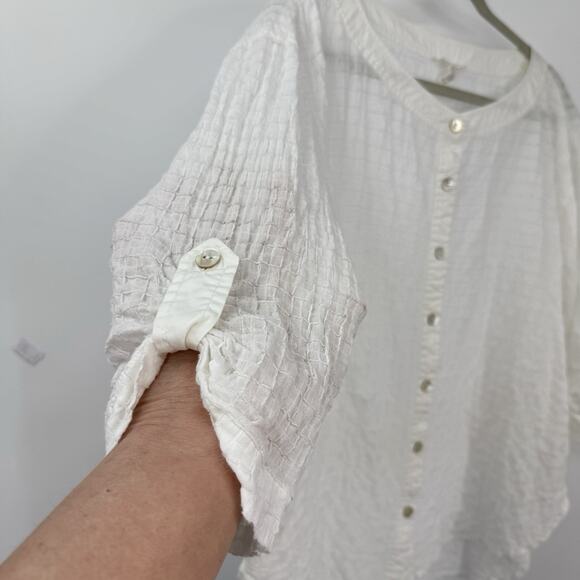 Eileen Fisher White Windowpane Weave Button Up 3/4 Sleeve Top Size PL/PG Minimal - Picture 2 of 11